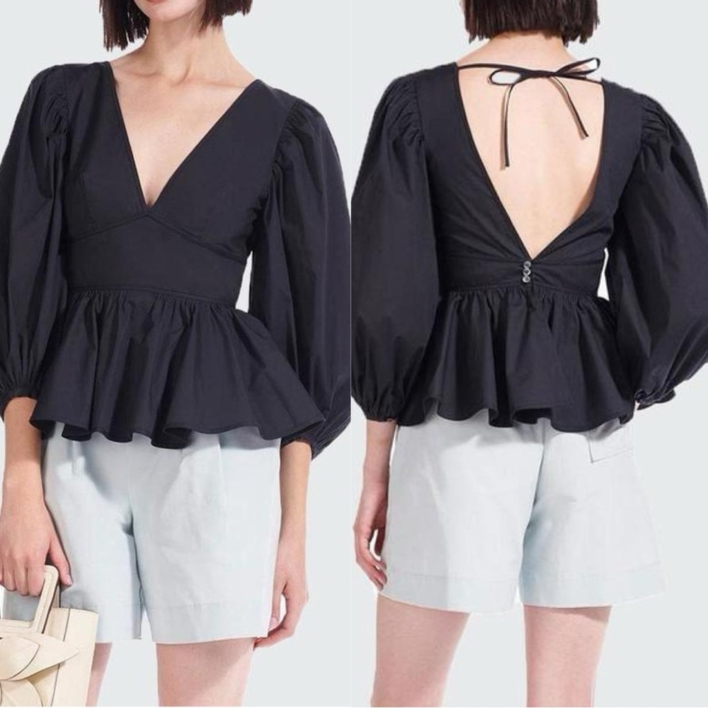 STAUD Luna Poplin V-Neck Open Back Puff Sleeve Top in Black - Picture 4 of 9